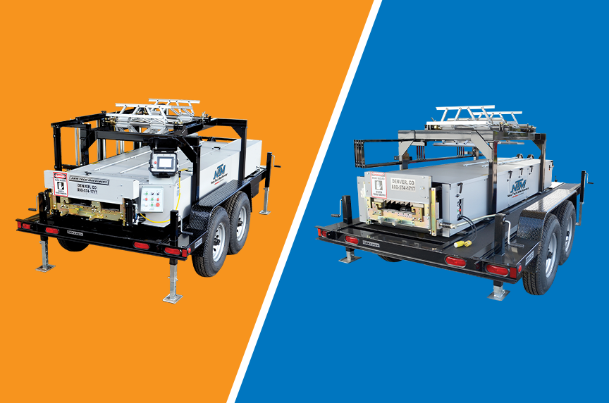 New Tech Machinery SSH and SSR residential and light commercial portable roof panel machines on orange and blue background