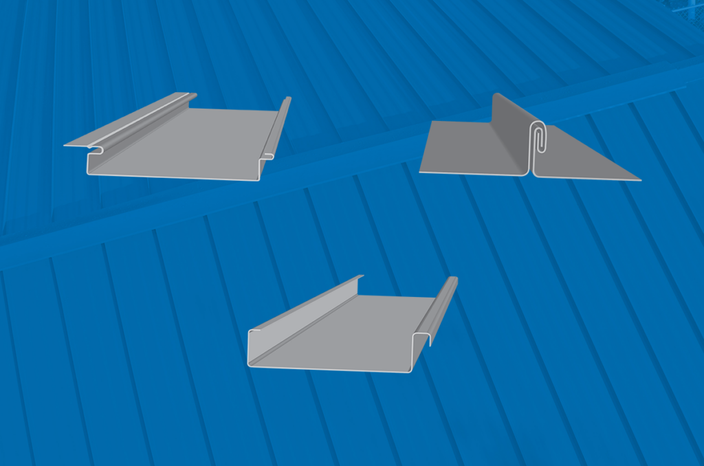different styles of metal roof panel profiles overtop blue roof background