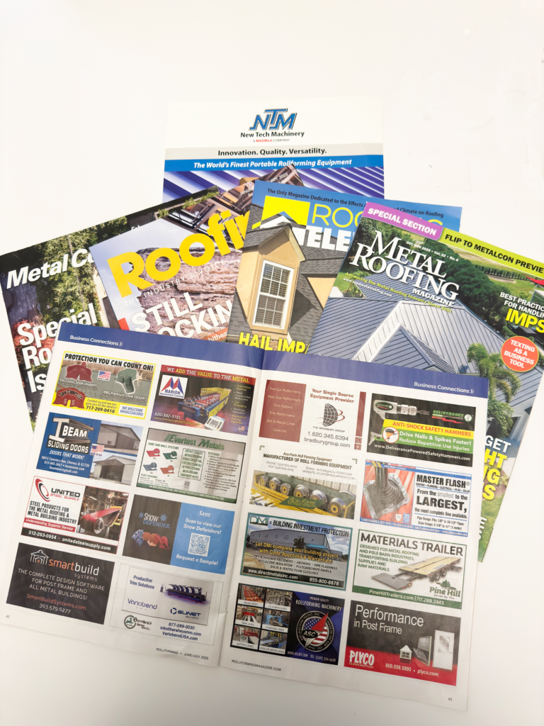 Trade magazine covers, with one open to advertising pages.