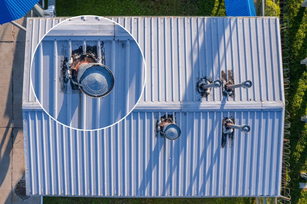 Drone identifying damage to metal roof.
