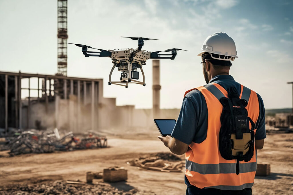 Worker using a drone at a construction site.