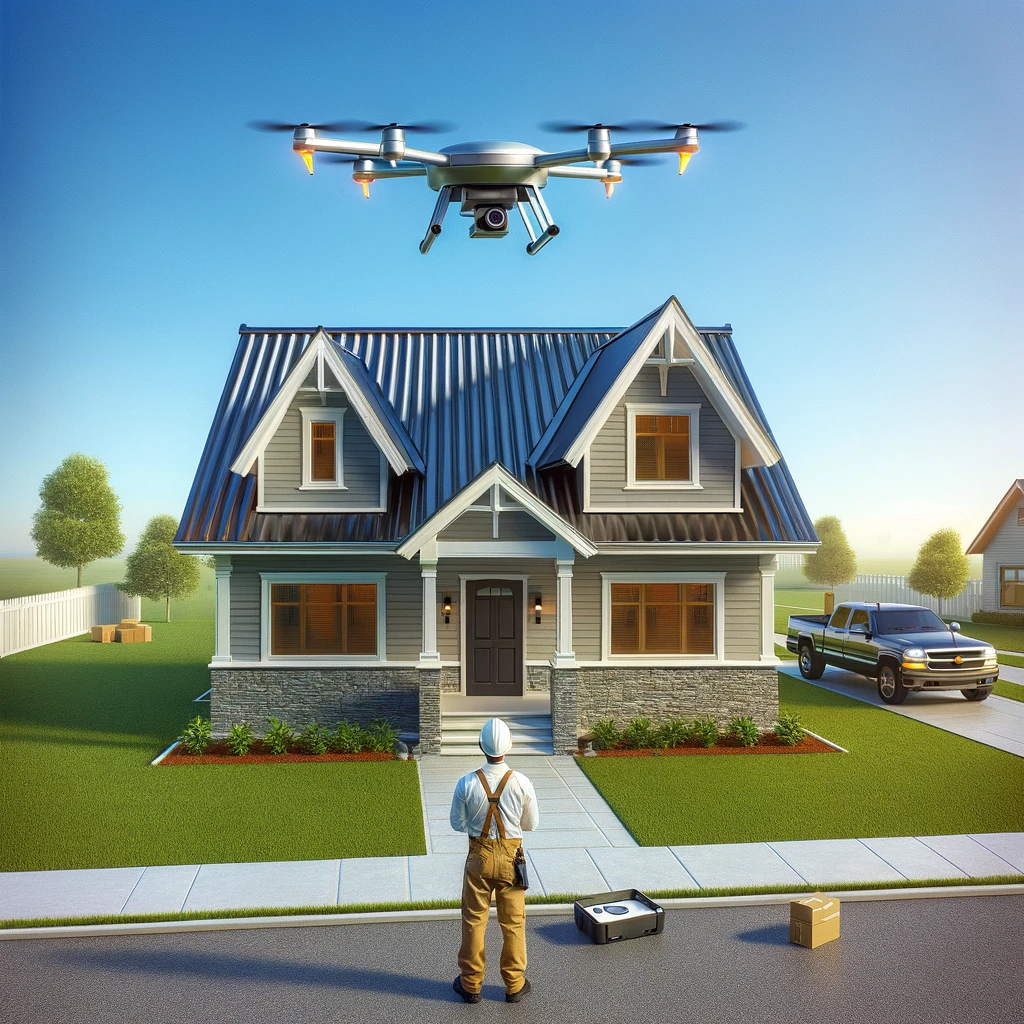 AI generated image of drone over house with a metal roof. A worker is operating the controls of the drone.