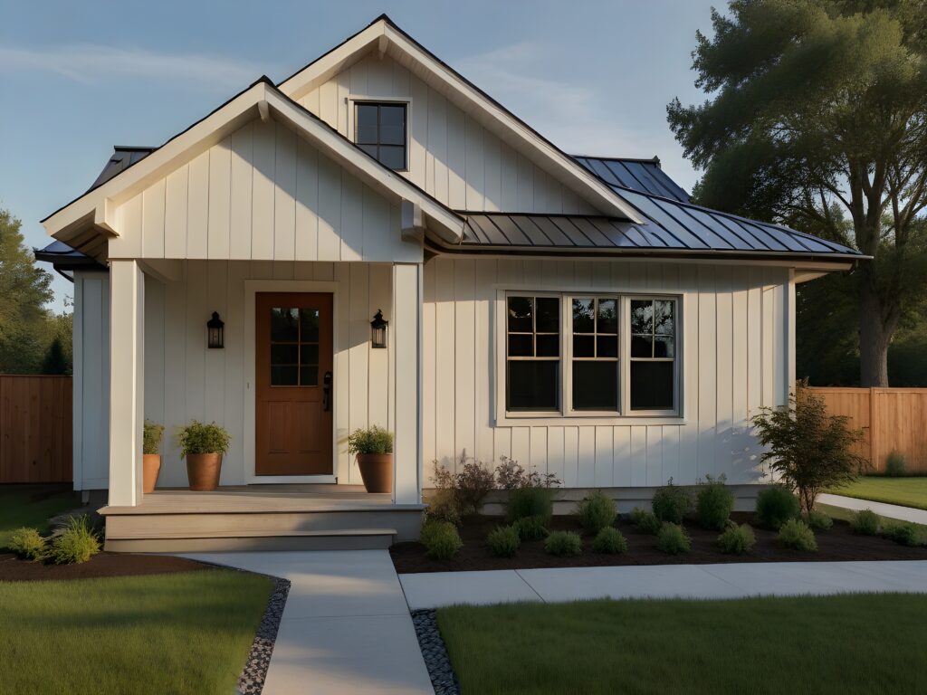 Metal board and batten home with a metal roof.