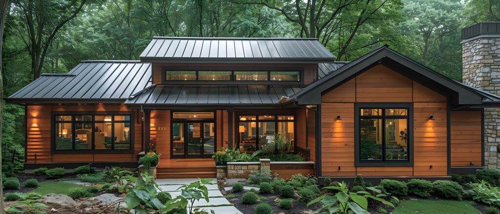 Metal roof home with wood panel siding surrounded by foliage in a mountain setting.