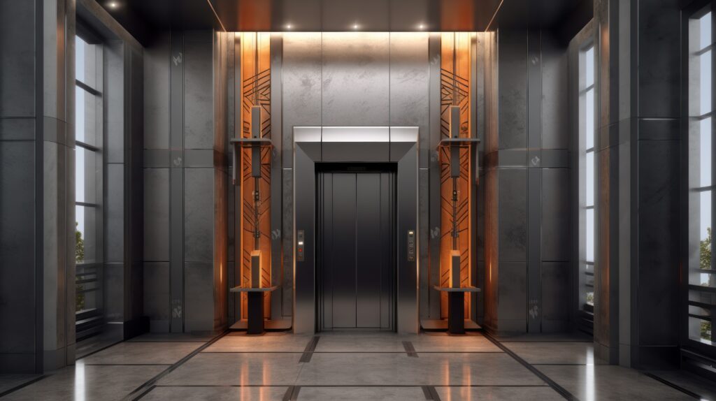 Elevator surrounded by metal siding