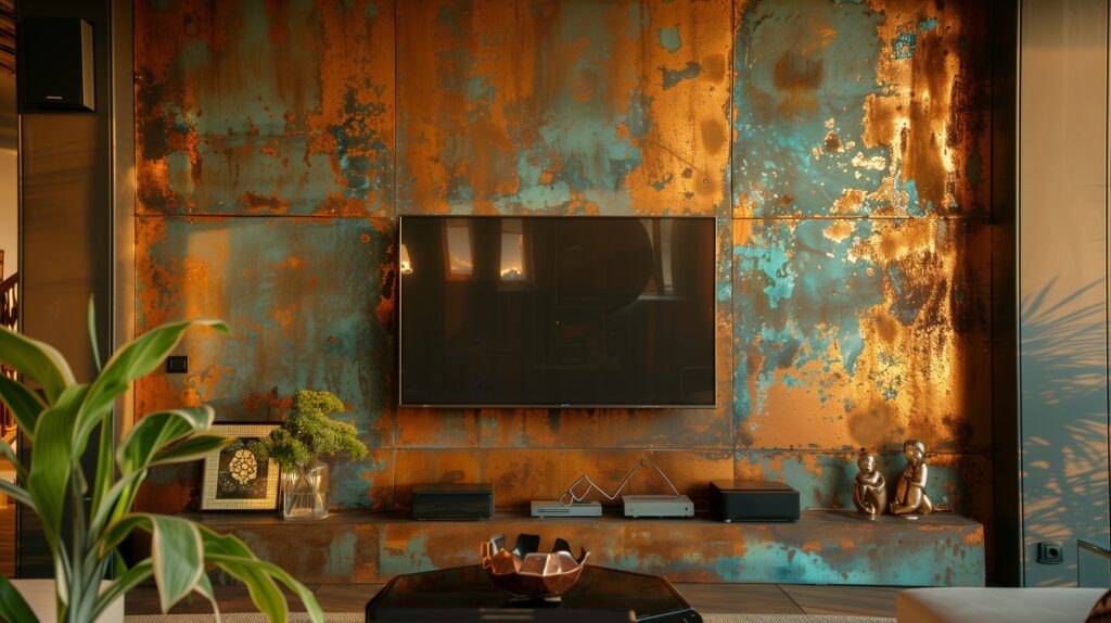 Copper feature wall with a patina finish