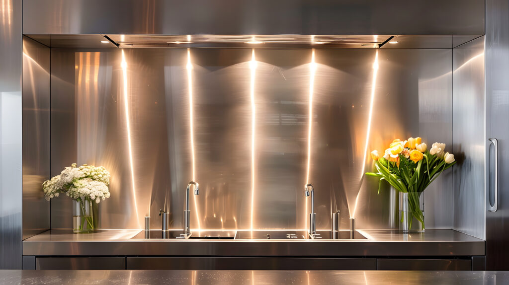 Metal walls and backsplash around sinks